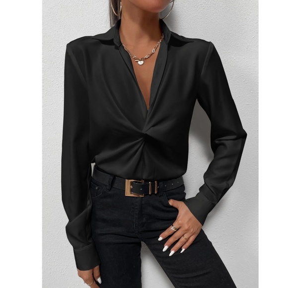 Twist Front Black Office Shirt Long Sleeve Collar Neckline V-Neck - Picture 6 of 8